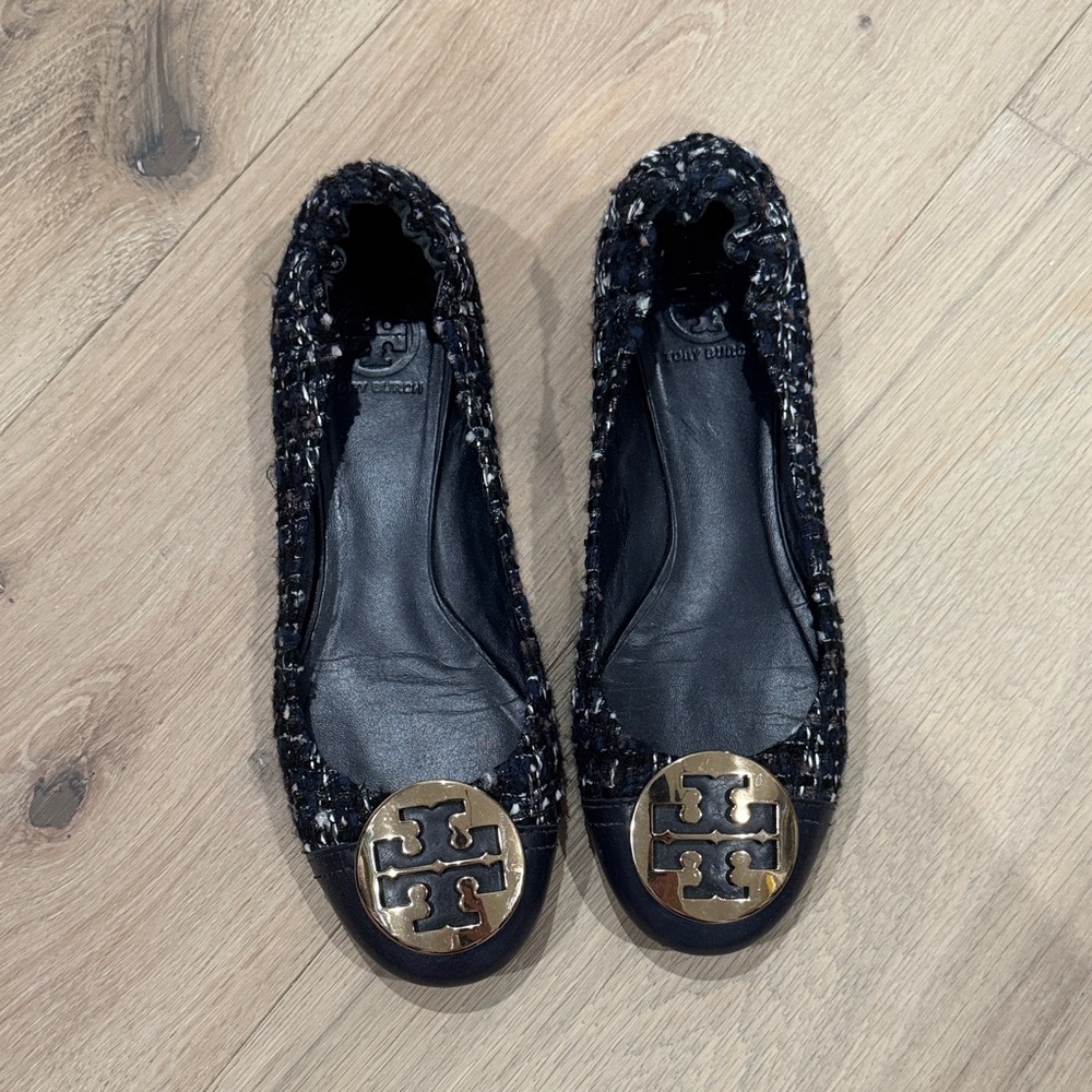 Tory Burch Navy and Gold Tweed Flats